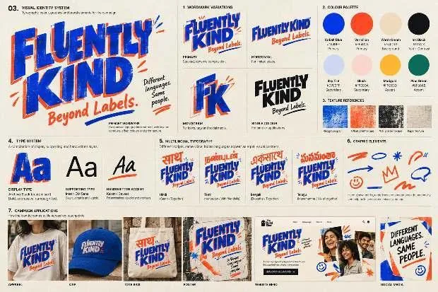 Fluently Kind identity system overview: wordmarks, palette, type, graphic elements and applications