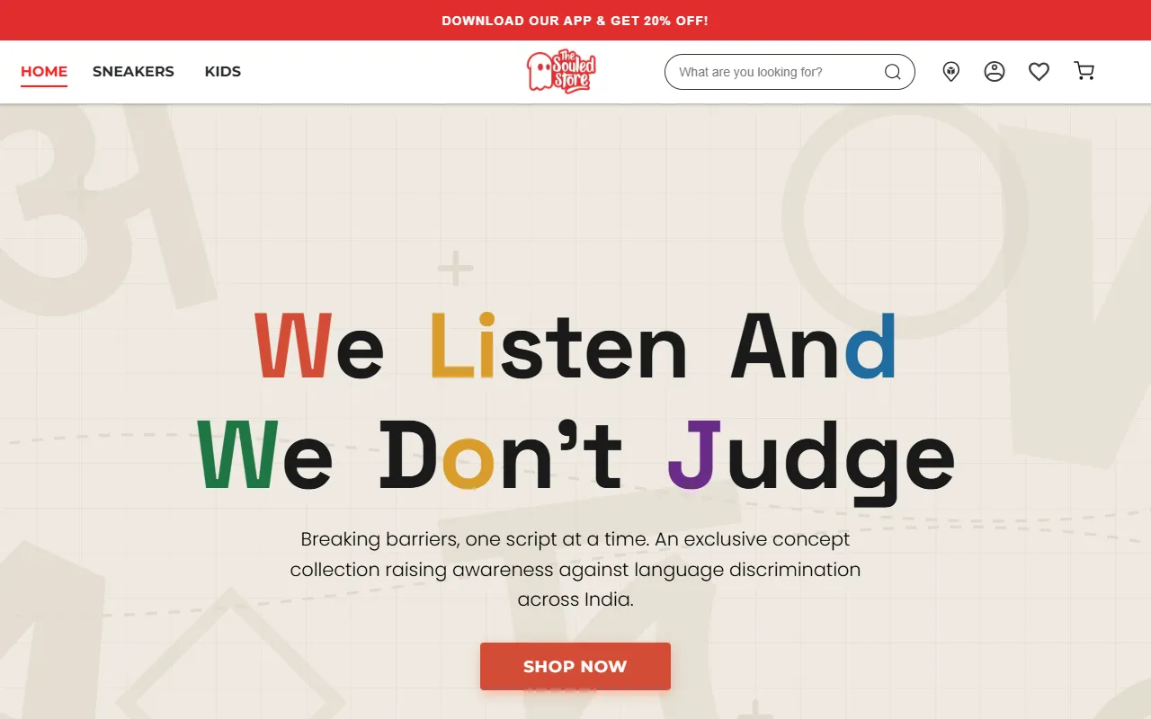 Concept store page for the Language Collection: 'We Listen And We Don't Judge' hero and product cards