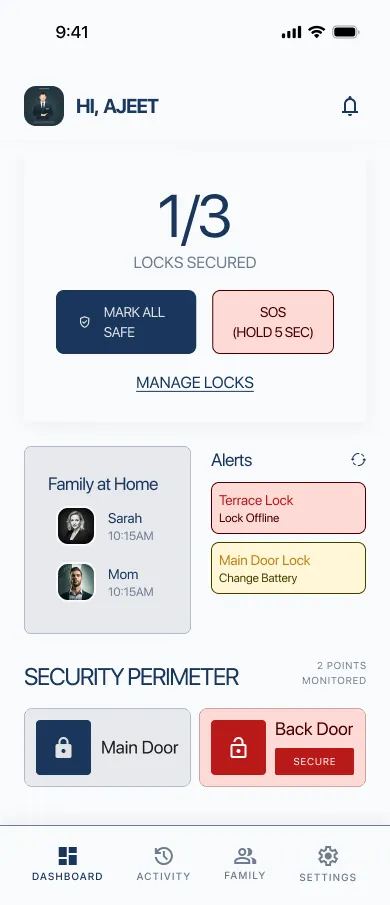Safexit home dashboard showing 1 of 3 locks secured